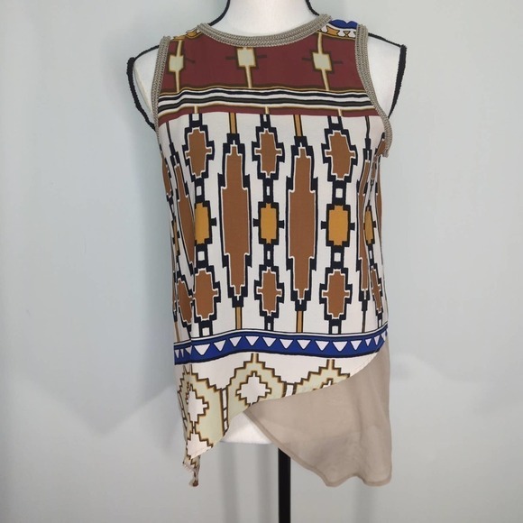 Zara Collection Womens Aztec Asymmetrical Top Sleeveless Bohemian Multicolor S - Picture 1 of 10